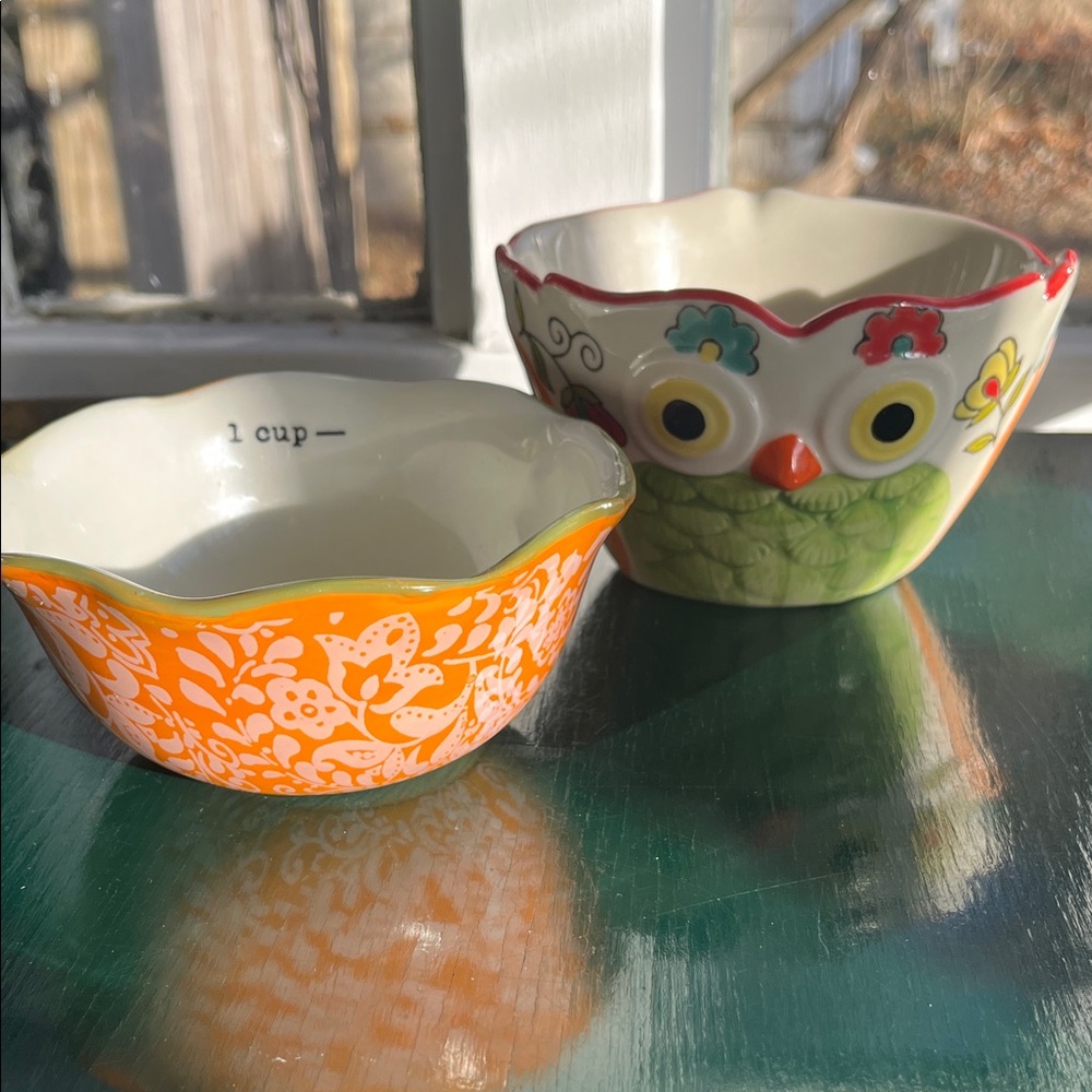 Colorful Ceramic Owl and Floral Measuring Cups